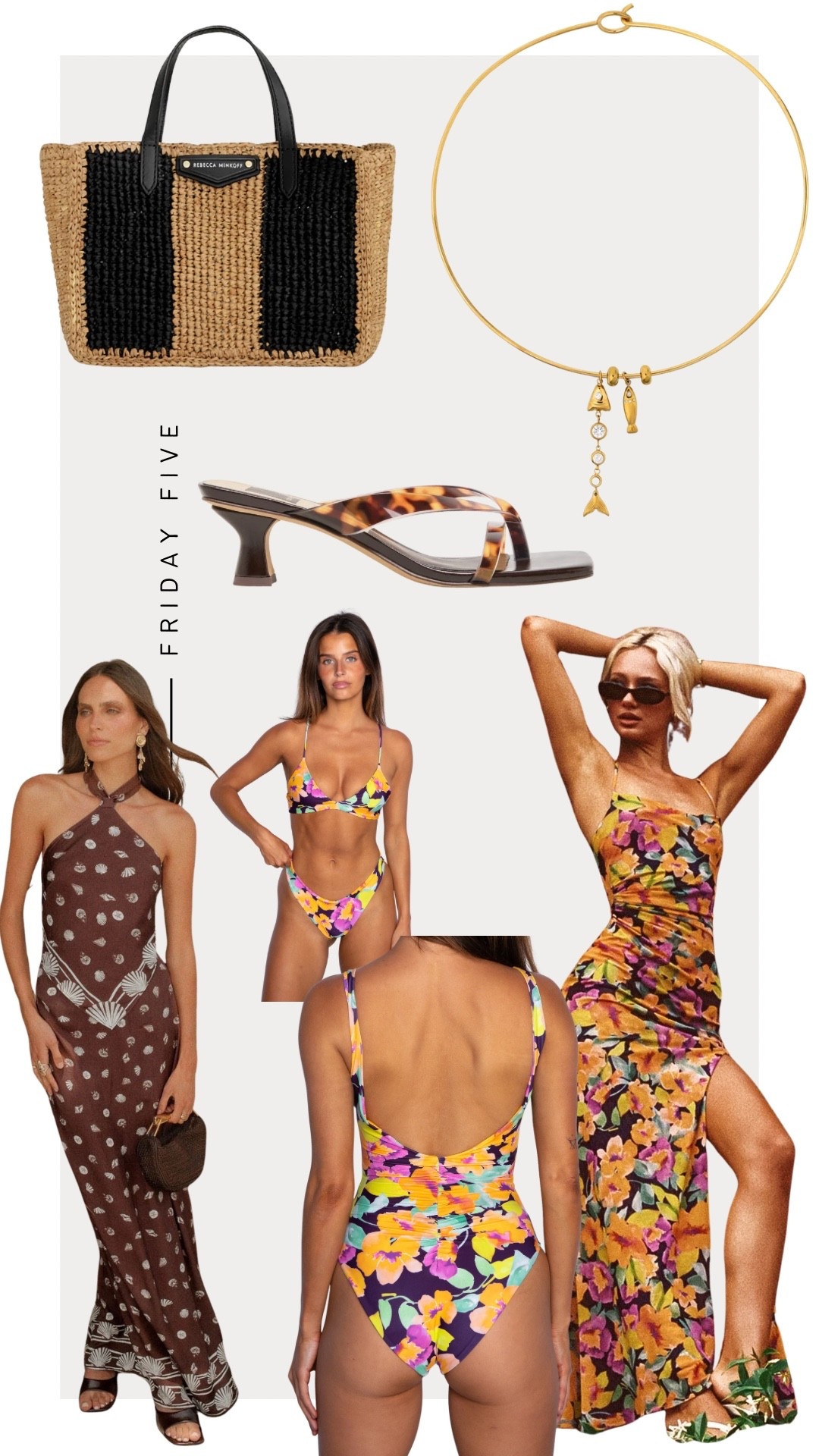 Friday Five: 7-10-26
1. Skatie “Firenze” Print (linked on my ShopMy) 
2. Rebecca Minkoff Tote 
3. Bracha Fish Necklace 
4. Show Me Your Mumu Shell dress 
5. Dolce Vita Jelly Kitten Heel

#LTKootd