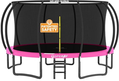 JUMPZYLLA Trampoline Outdoor 8FT 10FT 12FT 14FT 15FT 16FT with Enclosure and Ladder, ASTM Approved Recreational Trampoline for Kids and Adults, Anti-Rust Coated Frame (Pink, 15FT) | Amazon (US)