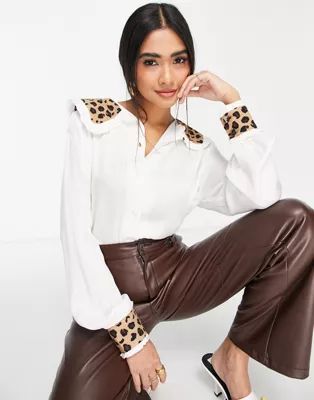 Never Fully Dressed contrast leopard collar blouse in white | ASOS (Global)