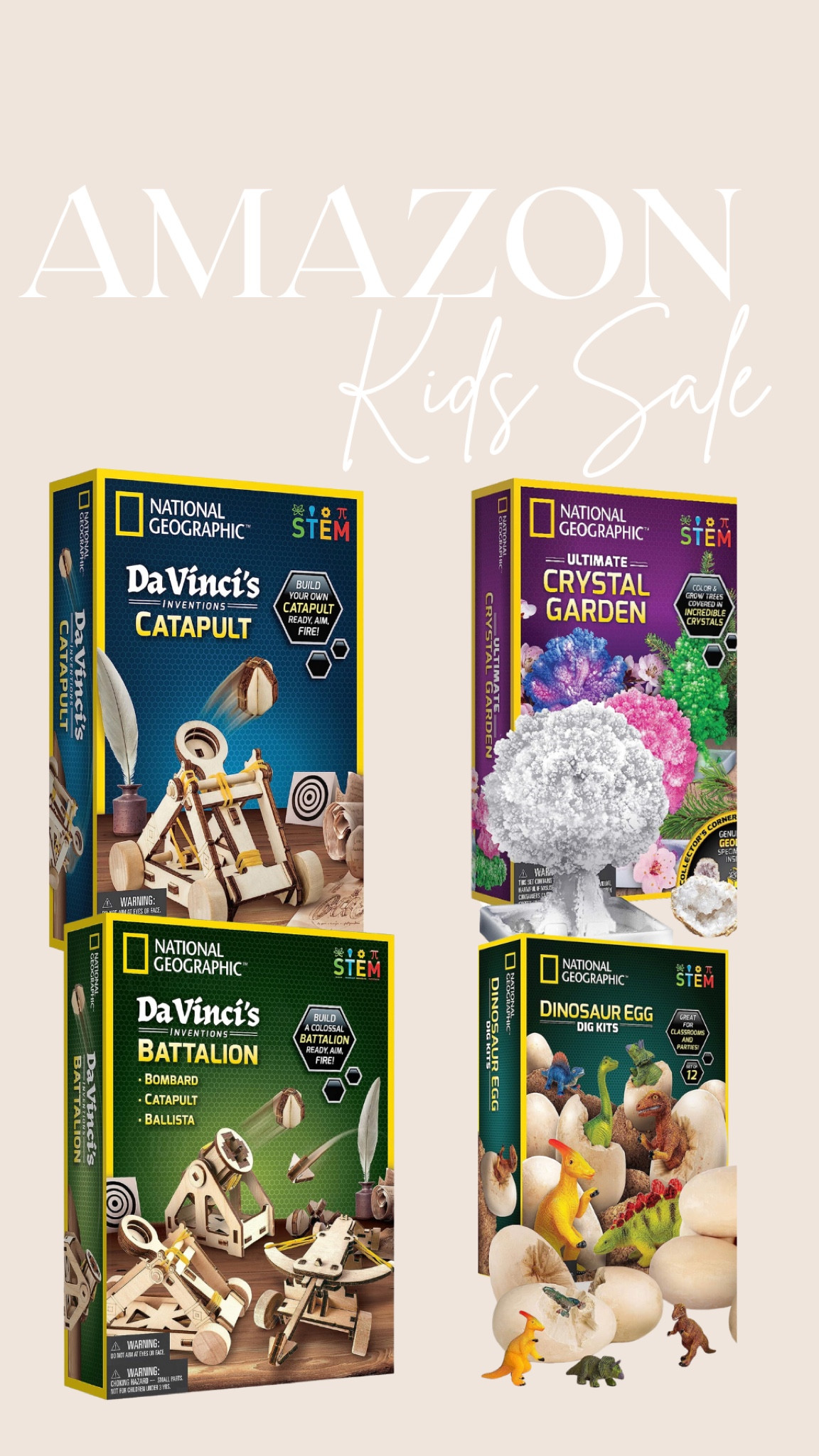 NATIONAL GEOGRAPHIC Da Vinci Model Kit - Catapult Kit for Kids, 3D Puzzle Building Toy for Boys and Girls, Wood Building Kit for Kids, A Great STEM Project, Engineering Model Kit (Amazon Exclusive),
NATIONAL GEOGRAPHIC Construction Model Kit - Build Your Own Wooden Model of The Original Catapult, Learn About Da Vinci’s Improved Designs, Cool Toys, Great Educational Science Kit,
NATIONAL GEOGRAPHIC Craft Kits for Kids - Crystal Growing Kit - Grow a Crystal Garden in Just 6 Hours, Educational Craft Includes Art Project, Geode, STEM Arts and Crafts for Girls (Amazon Exclusive),
NATIONAL GEOGRAPHIC Dinosaur Dig Kit - 12 Dino Shaped Dig Bricks with Dinosaur Figures Inside & Excavation Tool Sets, Egg Hunt or Dig Party Activity, Great STEM Toy for Boys & Girls (Amazon Exclusive)

#LTKsalealert #LTKfamily #LTKkids