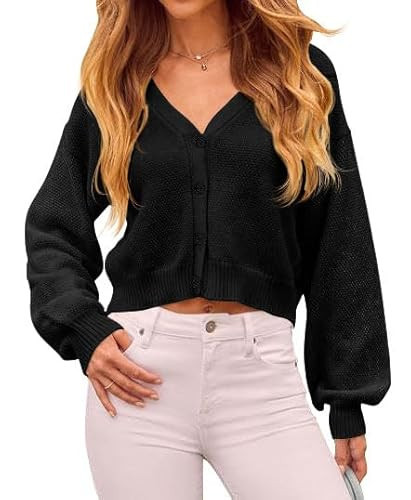 Ezbelle Womens Crop Sweater Puff Sleeve V Neck Shirt Open Front Oversizrf Sweates Knit Loose Clothes Fall Spring Black Large | Amazon (US)