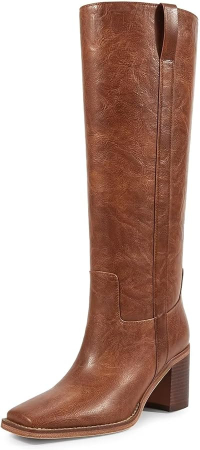 ISNOM Knee High Boots for Women, Chunky Boots with Square Toe, Mid Heel, Pull On Tall Riding Boot... | Amazon (US)
