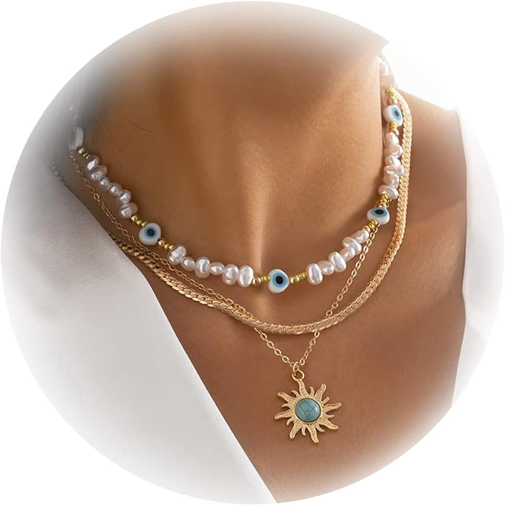 Summer Beach Necklaces for Women Boho Turquoise Necklaces Layered Necklace Sun Pendant Necklace P... | Amazon (US)