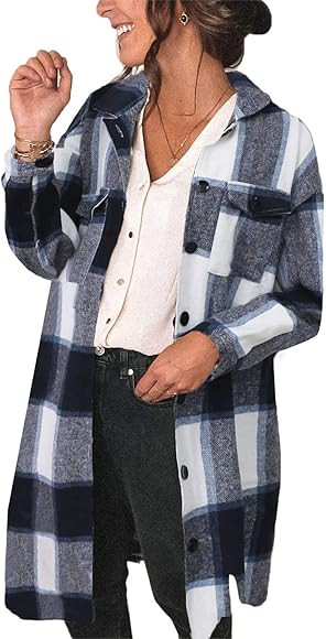 Sidefeel Women Plaid Long Sleeve Button Down Collar Long Shirt Oversized Coat | Amazon (US)