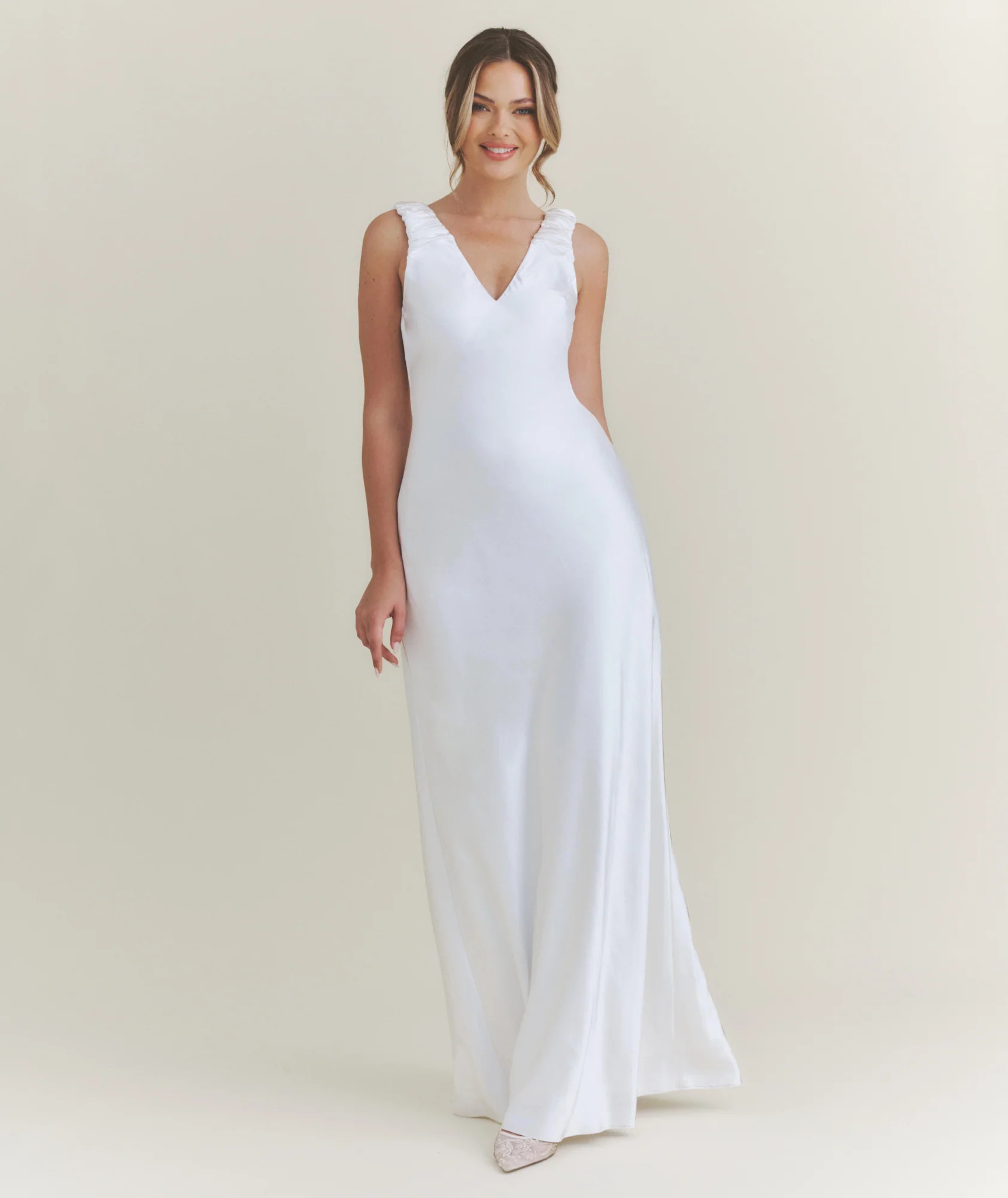 V Neck Satin Maxi Dress – White | Six Stories