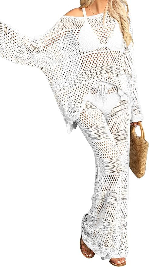 Famulily Womens 2 Piece Crochet Outfits Sexy Hollow Out Cover Up Sets Long Sleeve Tops and Drawst... | Amazon (US)