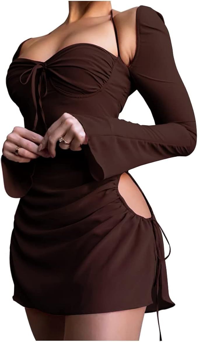 XLLAIS Women's Long Puff Sleeve Mini Bodycon Mesh Dress Flattering Split Hem Party Evening Clubwe... | Amazon (US)