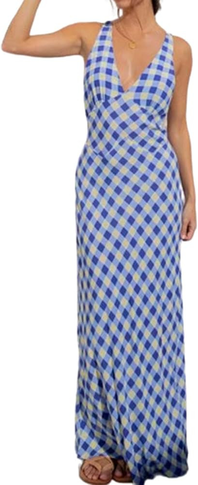 Women Y2k Floral Deep V Neck Maxi Dress, Sleeveless Patchwork Long Dress Going Out Flowy Sundress... | Amazon (US)