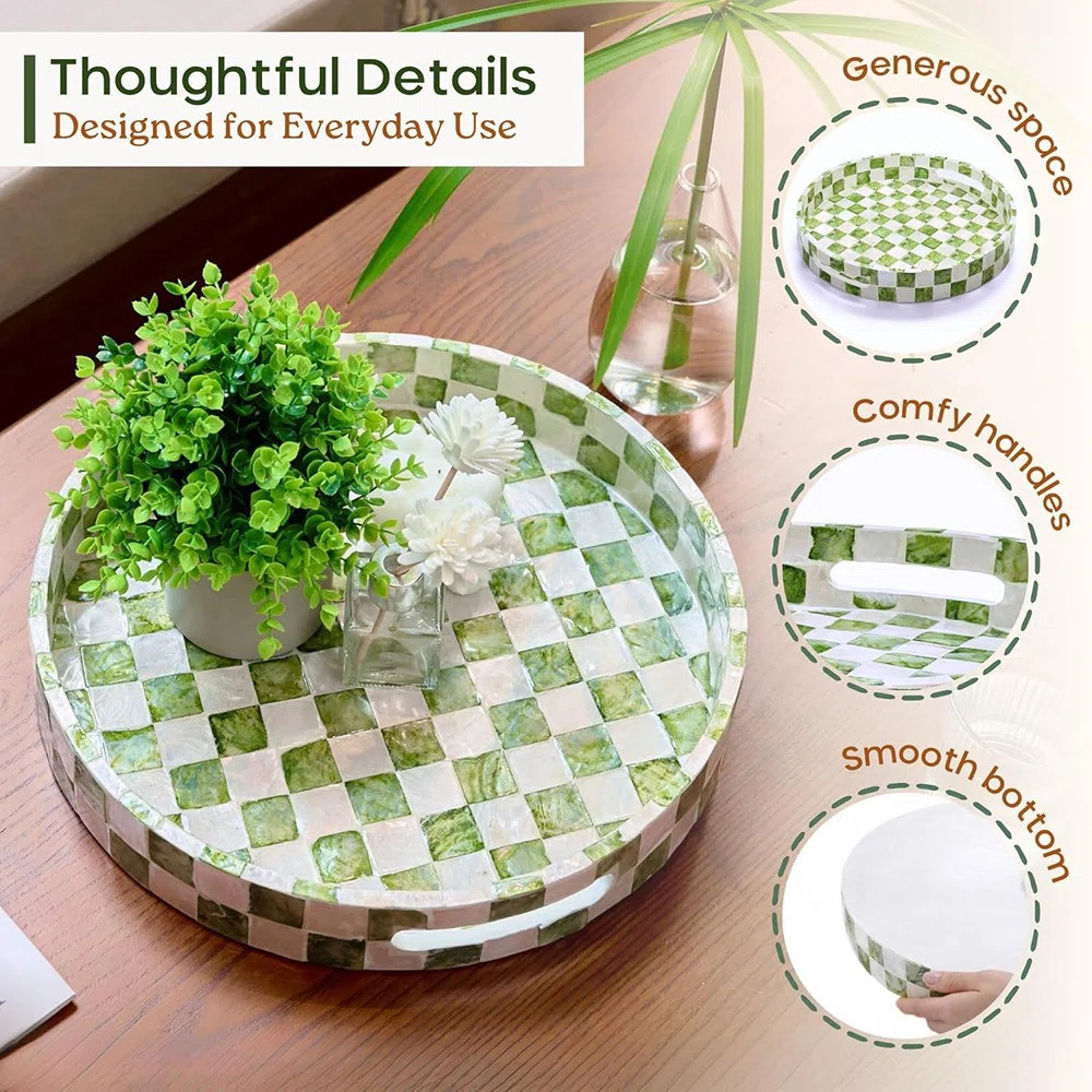 Capiz Decorative Tray With Handles, Round Checkered Tray For Coffee Table, Kitchen, Or Bathroom | Wayfair North America