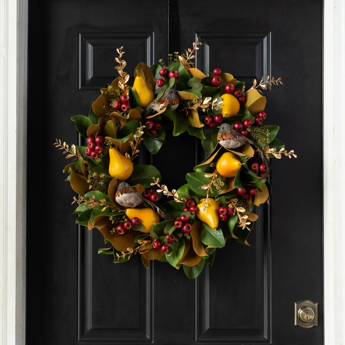 Partridge in a Pear Wreath - Magnolia Leaf, Golden Pear, Feather Birds, Gold Boxwood & Red Holida... | Darby Creek Trading