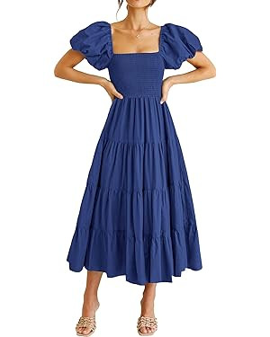 PRETTYGARDEN Women's Summer Midi Dress | Casual, Puffy Short Sleeve, Square Neck, Smocked, Tiered... | Amazon (US)