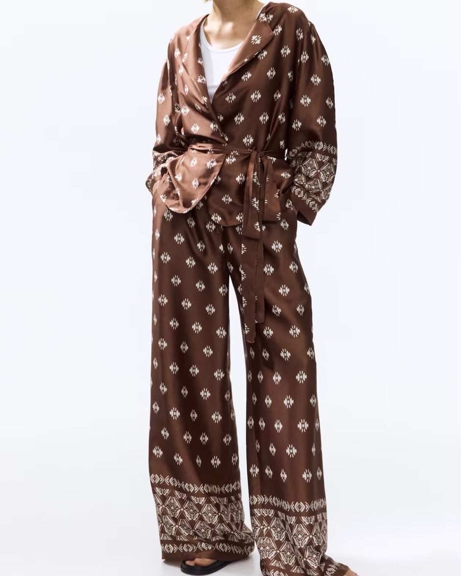 Brown patterned wrap jacket and pants matching set

#LTKSeasonal