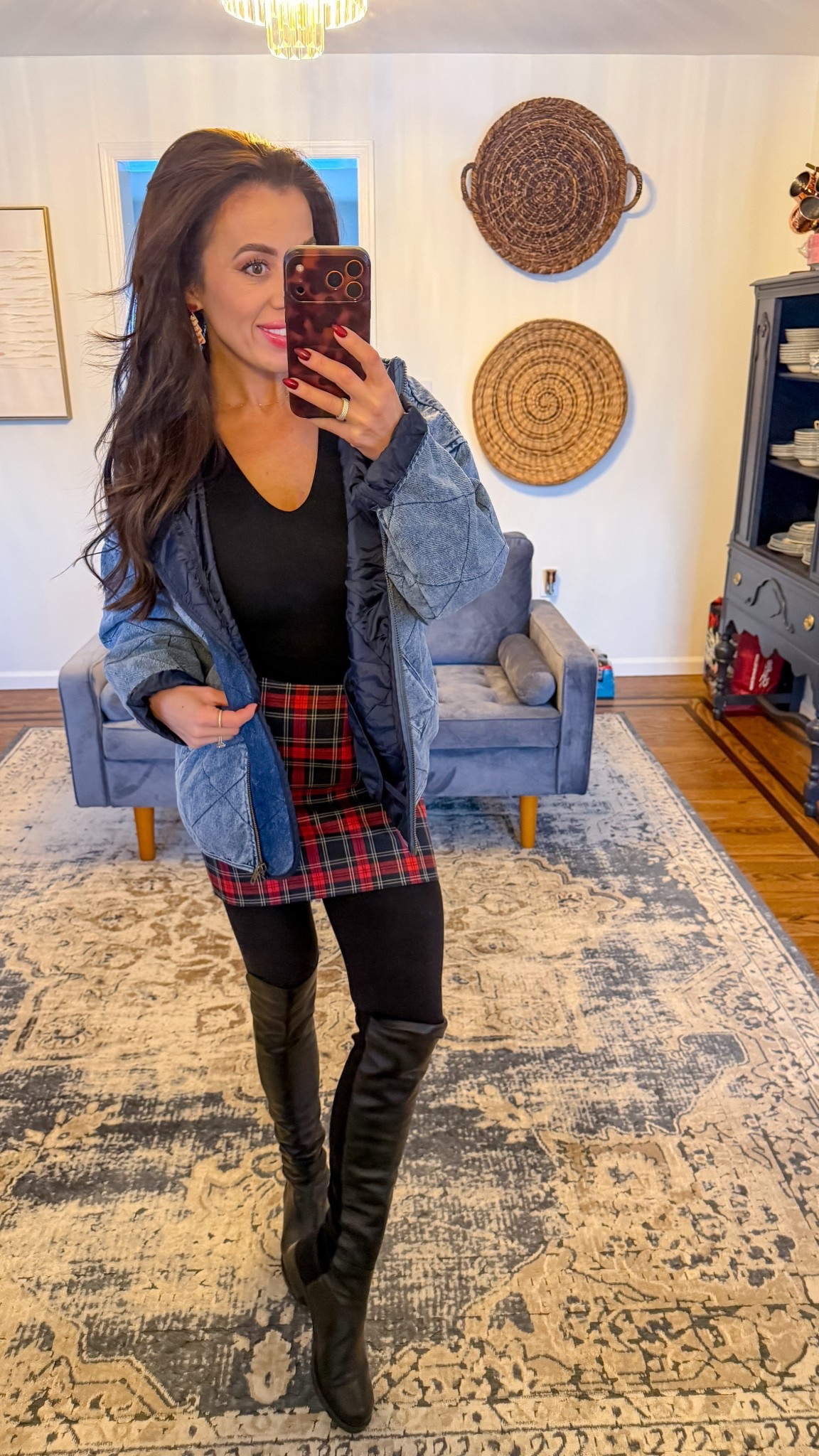 Holiday fashion. Plaid skirt. OTK boot. Denim jacket. Bodysuit. Christmas fashion  

#LTKootd #LTKHoliday #LTKSeasonal