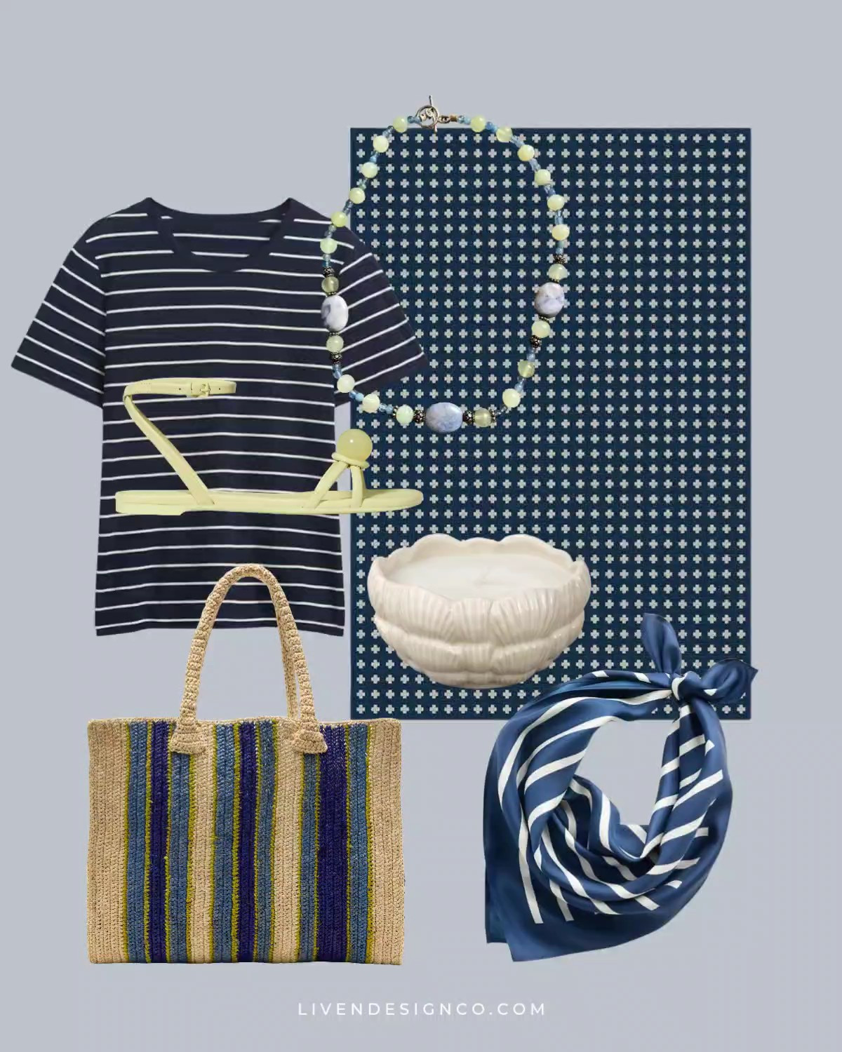 New discoveries. Style. Striped tee. Outdoor rug. Ruggable. Patio. Home decor. Navy. Citronella candle. Tote bag. Straw tote. Scarf. Bandana. Yellow sandals

#LTKSeasonal #LTKSaleAlert #LTKHome