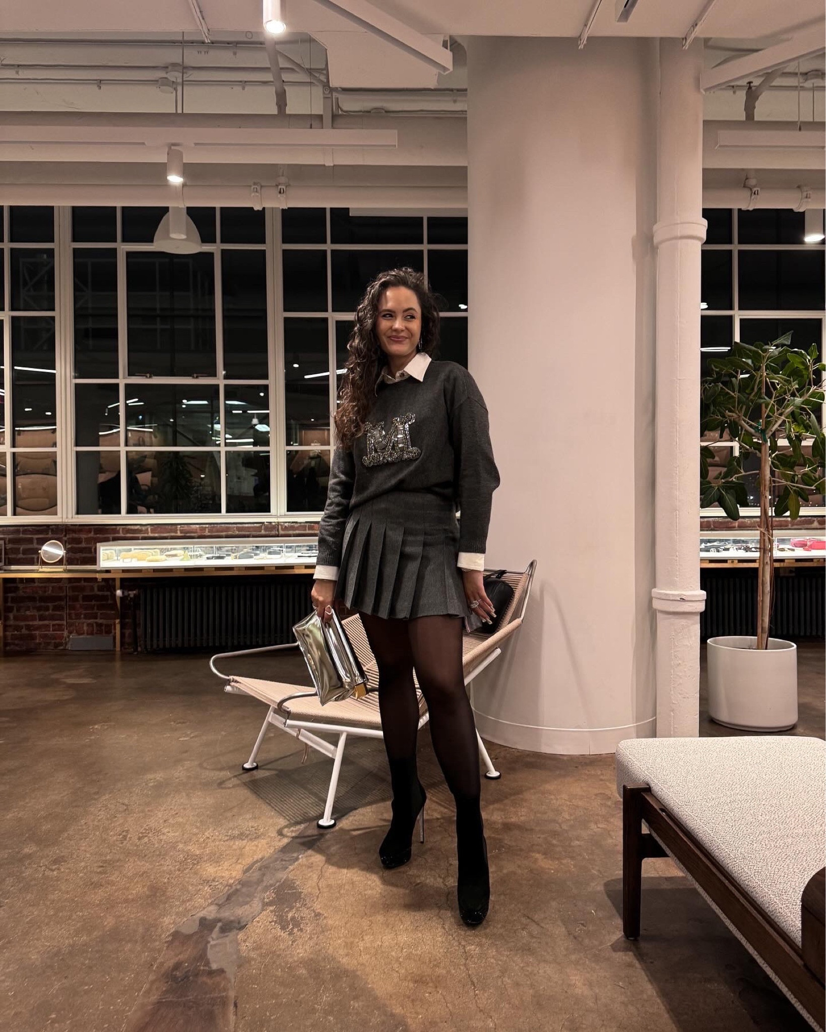 Grey jumper, shirt, pleated skirt, heels, silver clutch bag

#LTKeurope #LTKSeasonal #LTKstyletip
