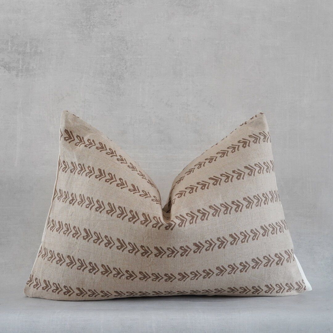 Lumbar Pillow Cover 14x20 | Beige Brown Throw Pillow Cover | Indian Hand Block Linen Lumbar Pillo... | Etsy (US)