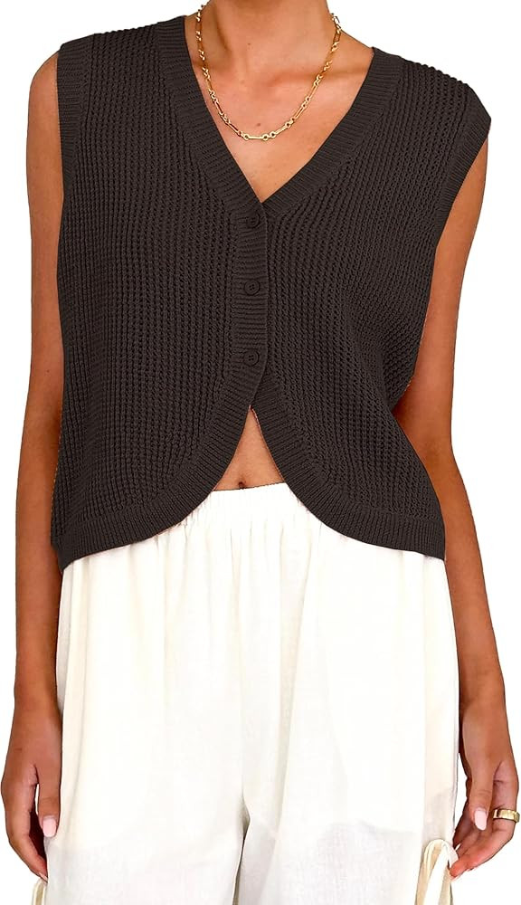 Womens Summer Crochet Sweater Vest V Neck Button Knit Tank Top Sleeveless Y2K Going Out Crop Tops | Amazon (US)