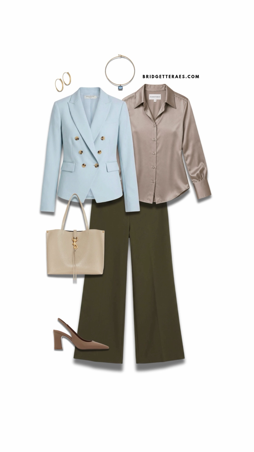 This outfit is a beautiful study in sophisticated color pairing, combining soft pastels with rich earth tones for a look that feels polished, modern, and effortlessly confident. The powder-blue double-breasted blazer brings structure and authority, while its lighter hue keeps the overall look fresh and approachable rather than overly formal. Underneath, the champagne satin blouse adds a subtle sheen and luxurious texture that elevates the entire ensemble, creating a refined contrast against the matte tailoring. The olive wide-leg trousers ground the outfit with depth and sophistication, introducing an unexpected neutral that feels both fashion-forward and timeless. Soft taupe slingback heels and a creamy tote keep the palette cohesive, while delicate gold jewelry adds just the right amount of warmth and polish. Perfect for leadership meetings, client presentations, networking events, or days when you want to command a room.

#LTKootd #LTKgrwm #LTKWorkwear