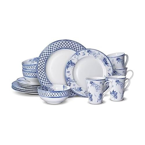 Mikasa Kiley Bone China Lightweight Chip Resistant 16 Piece Dinnerware Set, Service for 4,Blue and White | Amazon (US)