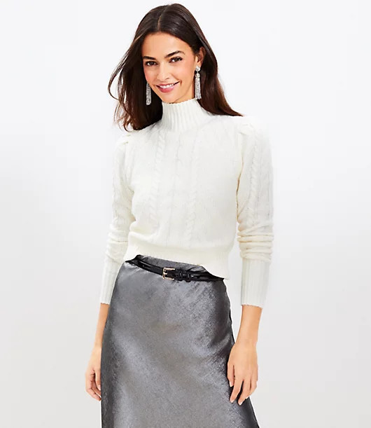 Loft Puff Sleeve Turtleneck Cable Sweater | LOFT