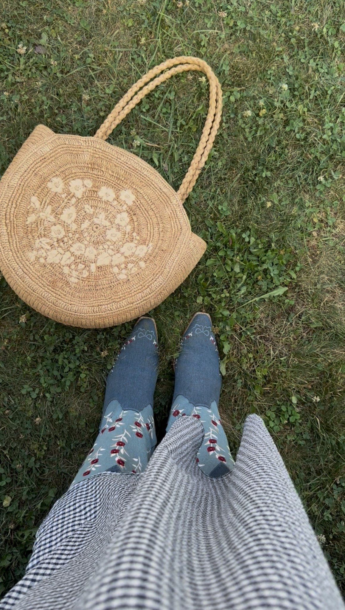 Cowboy boots, red white and blue, blue boots, blue cowboy boots, basket bag, gingham dress, end of summer, fair outfit 

#LTKItBag #LTKShoeCrush #LTKSeasonal