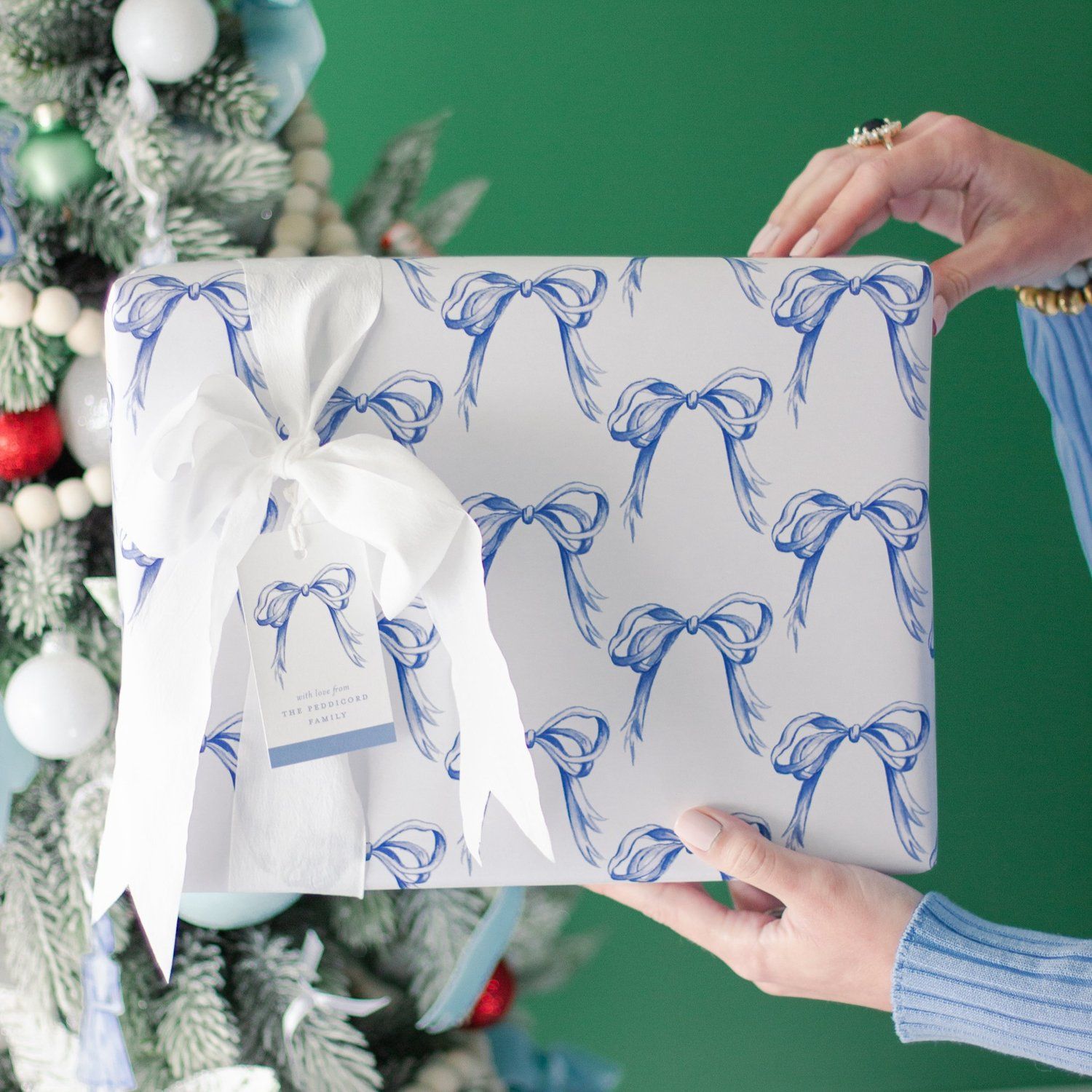 Blue and White Grandmillennial Bows Watercolor Wrapping Paper Sheets — Simply Jessica Marie | Simply Jessica Marie