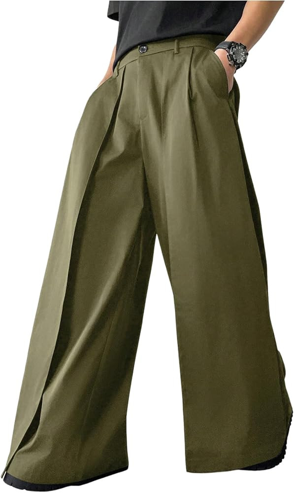 OYOANGLE Men's Baggy Wide Leg Pants Zipper Fly Pleated Trousers Business Casual Dress Pants with ... | Amazon (US)