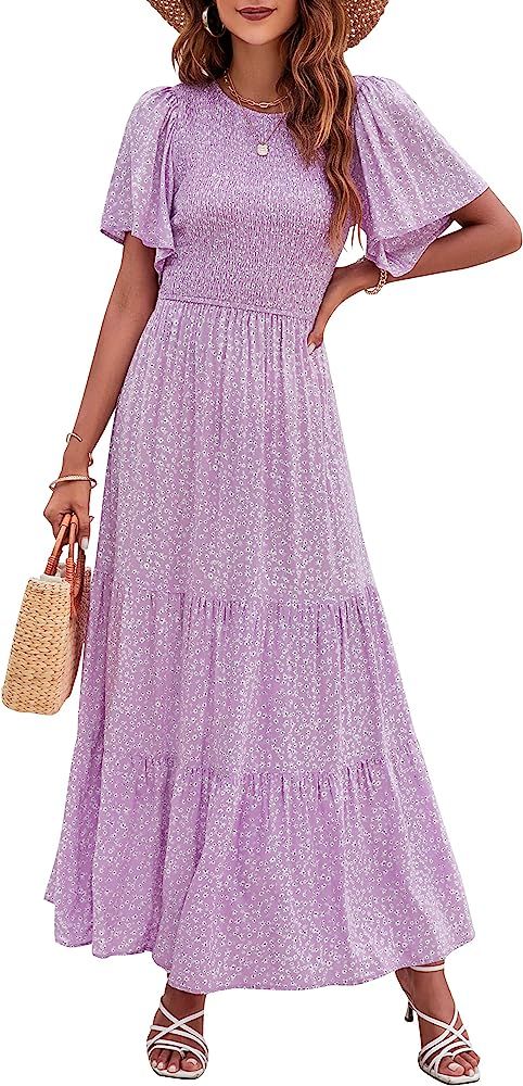 ZESICA Women's 2024 Summer Casual Floral Print Short Flutter Sleeve Crew Neck Smocked High Waist ... | Amazon (US)