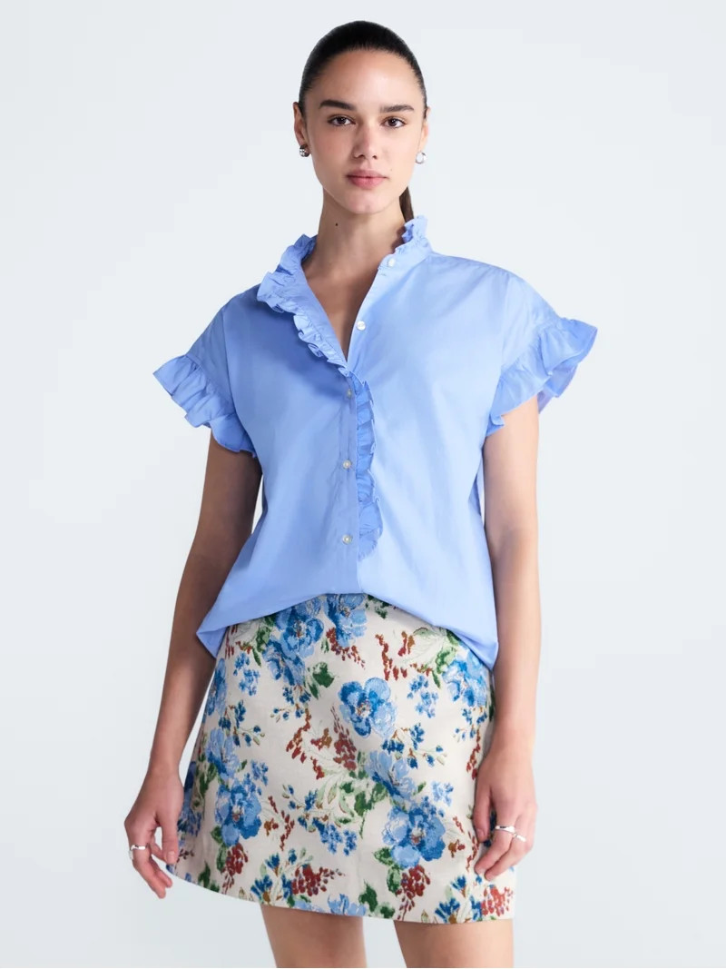 Free Assembly Women's and Women's Plus Ruffle Trim Neck Top with Short Sleeves, Sizes XS-4X | Walmart (US)