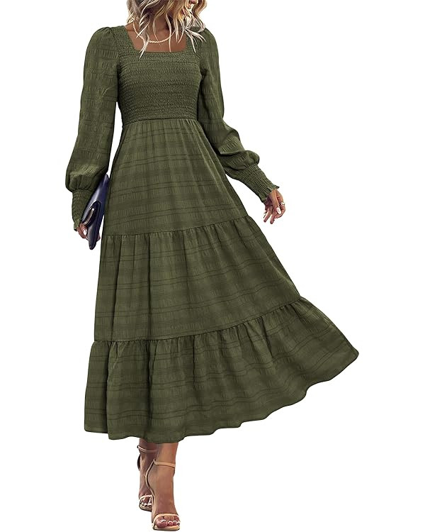 KIRUNDO Women Fall Wedding Guest Dress Elegant Puff Long Sleeve Smocked Empire Waist Swing Flowy ... | Amazon (US)