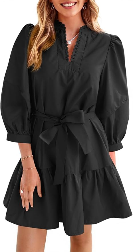 Cicy Bell Womens Puff 3/4 Sleeve Mini Dresses Bow Tie Waist V Neck Casual Trendy Ruffle Tiered Sh... | Amazon (US)