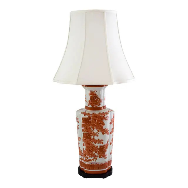 Large Vintage Chinoiserie Orange and White Lamp With Silk Shade | Chairish
