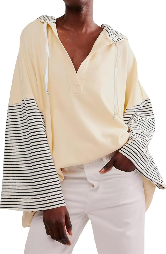 LifeShe Oversized Striped Hoodies for Women Long Sleeve Drawstring Sweatshirt Loose Patchwork Pul... | Amazon (US)