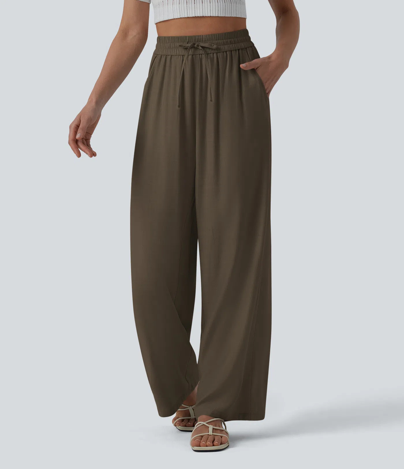 High Waisted Drawstring Wide Leg Casual Linen-Blend Pants with Pockets | HALARA