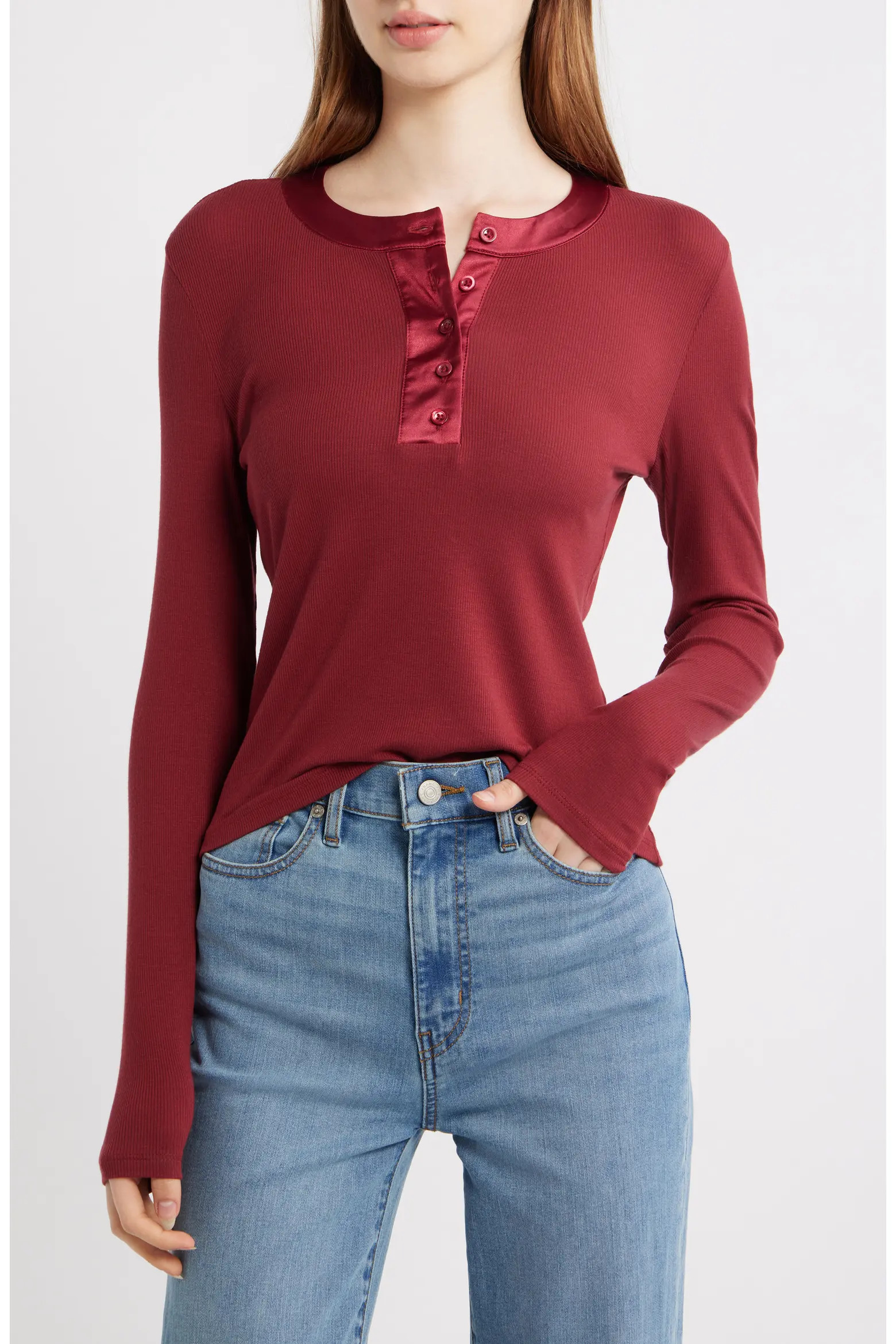 FRAME The Satin Trim Rib Henley (Women) | Nordstrom | Nordstrom