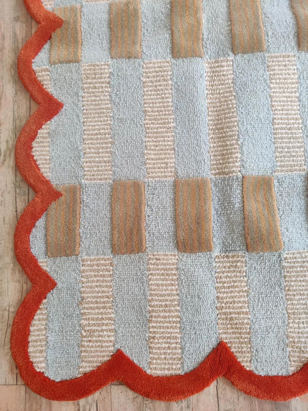 Tufted Wool Area Rug 6x9 | Scalloped Edge Modern Rug | Handmade Wool Carpet | Blue Beige Checkere... | Etsy (US)