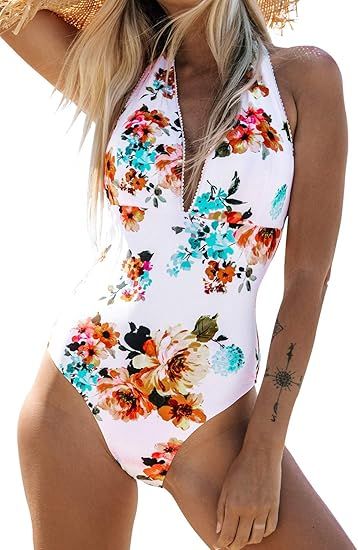 CUPSHE Women's Tie Waist Floral Print One Piece Swimsuit Halter Swimwear | Amazon (US)