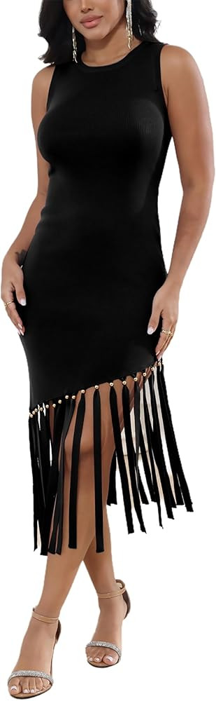 ECHOINE Women Knit Bodycon Midi Dress Sleeveless Ribbed Asymmetrical Fringe Tassel Cocktail Party... | Amazon (US)