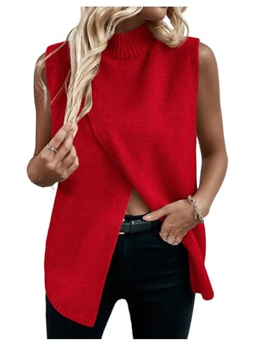 Verdusa Women's Sleeveless Sweater Vest Spring Business Casual Outfits Mock Neck Knit Pullover Sweaters Going Out Tops Red Medium | Amazon (US)
