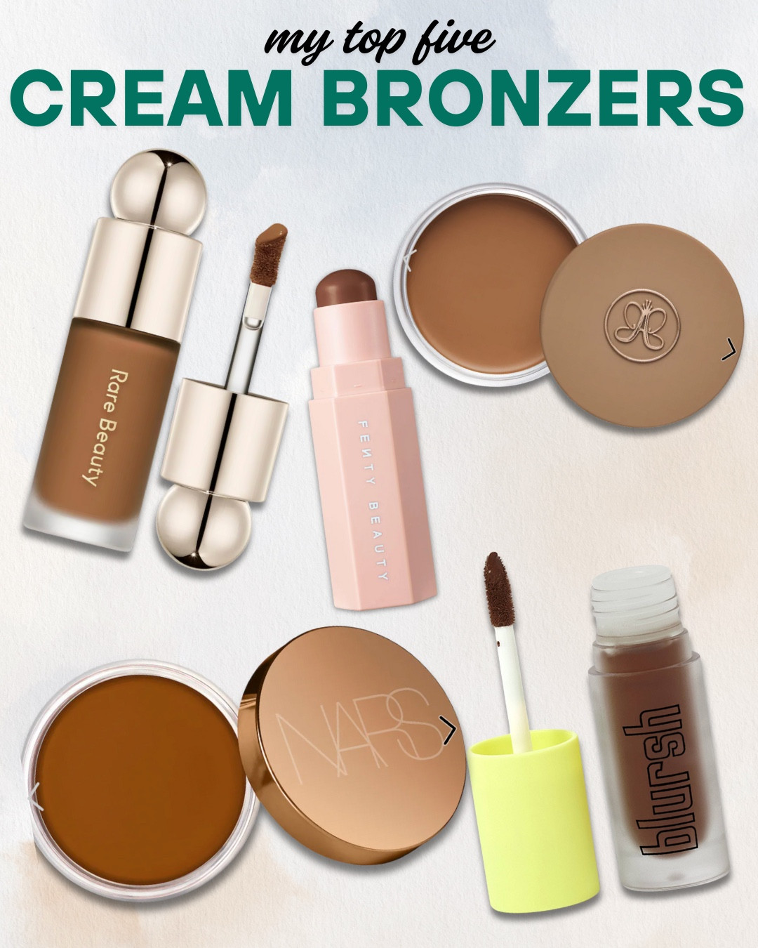 These are my top 5 cream and liquid bronzers for a natural sculpt, seamless blend, and all-day wear.

Anastasia Beverly Hills Cream Bronzer – Creamy, buildable, and melts into the skin for a soft-matte, sculpted finish.

Rare Beauty Soft Pinch Liquid Contour – Lightweight and ultra-blendable. Gives a soft, natural contour with a skin-like finish.

Fenty Beauty Match Stix Matte Contour Skinstick – Easy to use, long-wearing, and perfect for precision sculpting or an all-over bronze.

Made by Mitchell Blursh Liquid Bronzer – Delivers pigment and blend in one go. Super lightweight and leaves a soft, blurred bronzed look.

NARS Laguna Bronzing Cream – Creamy texture with a radiant, sun-kissed finish. Buildable and perfect for both natural and glam looks.

#Top5CreamBronzers #BronzedGlow #SculptAndBlend #LiquidBronzer #CreamContour #BronzersForBrownSkin #LTKMakeup #LTKBeauty

#LTKBeauty