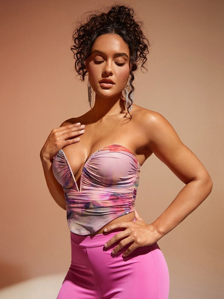 SHEIN BAE Tie Dye Ruched Bandana Hem Crop Tube Top | SHEIN