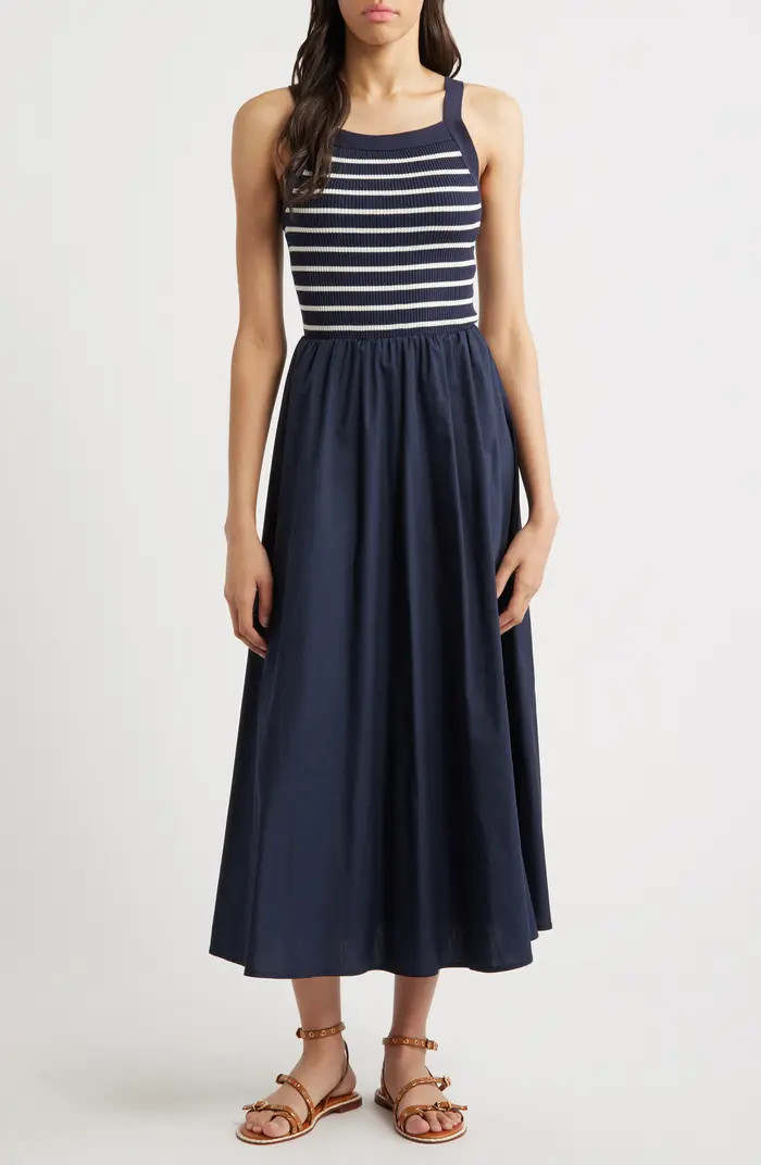 MOON RIVER Stripe Bodice Mixed Media Midi Dress | Nordstrom | Nordstrom