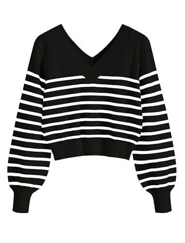 ZAFUL Women's Cropped Sweater V-Neck Long Sleeve Crop Sweater Pullover Jumper Knit Top (1-StripeBlack, S) | Amazon (US)