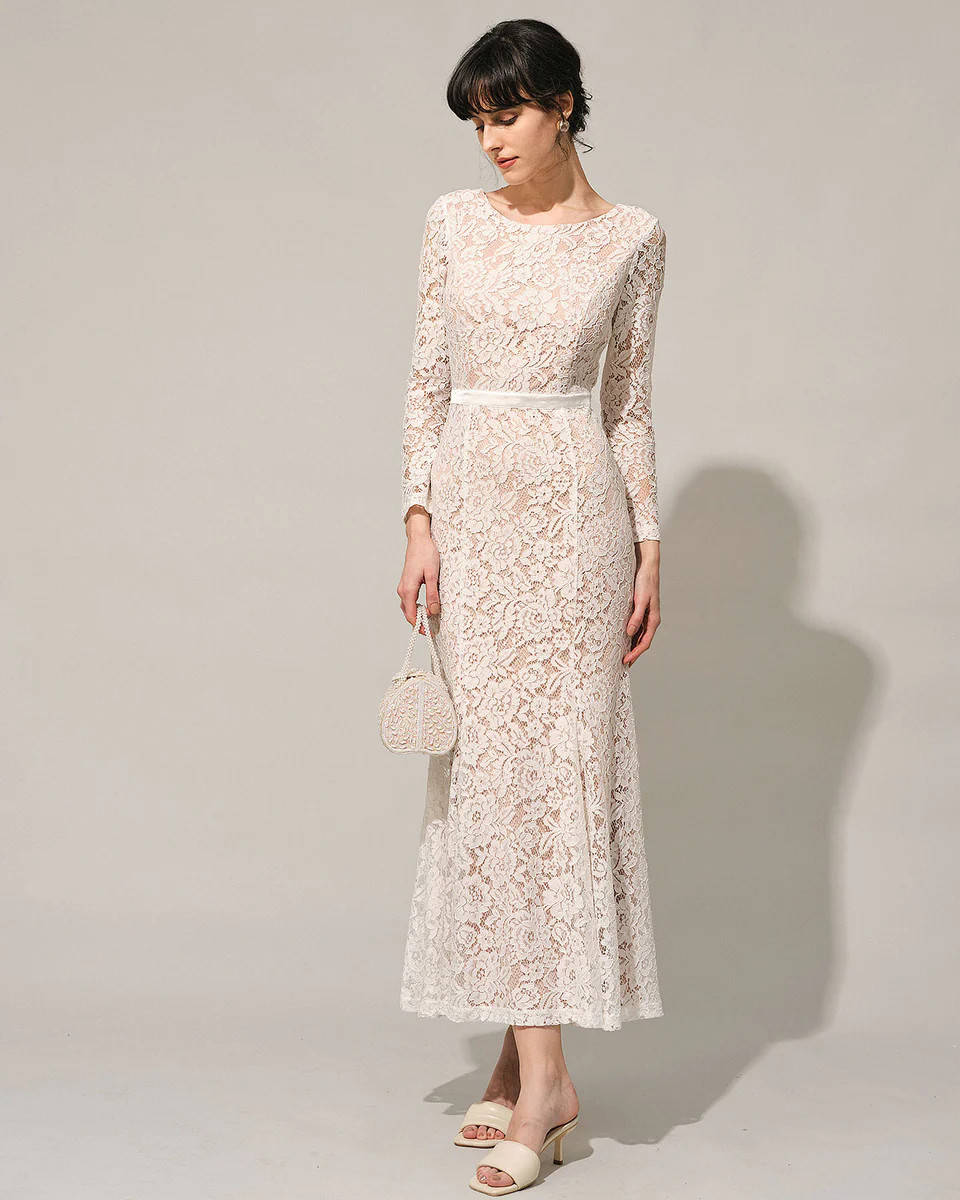 The White Lace Long Sleeve Backless Maxi Dress | rihoas.com