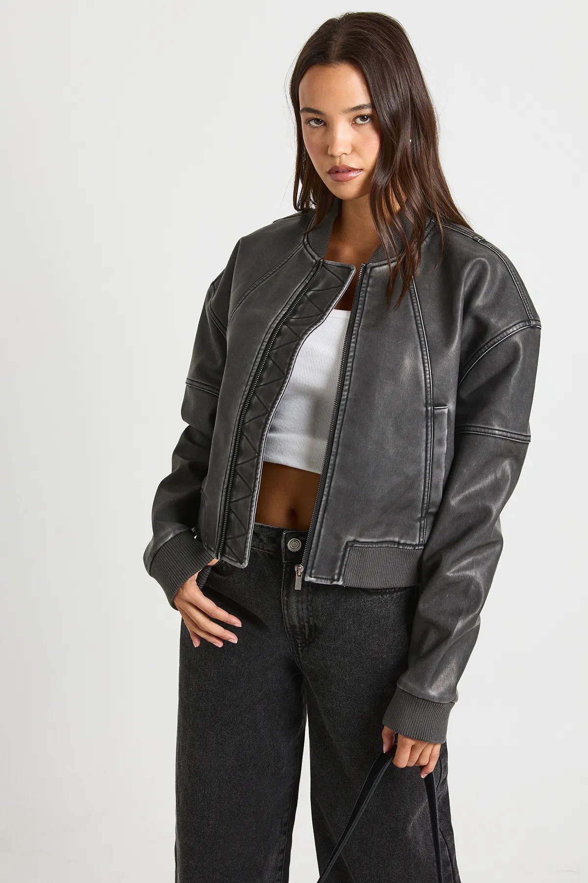 Vintage Look Faux Leather Bomber Jacket | boohoo (US & Canada)