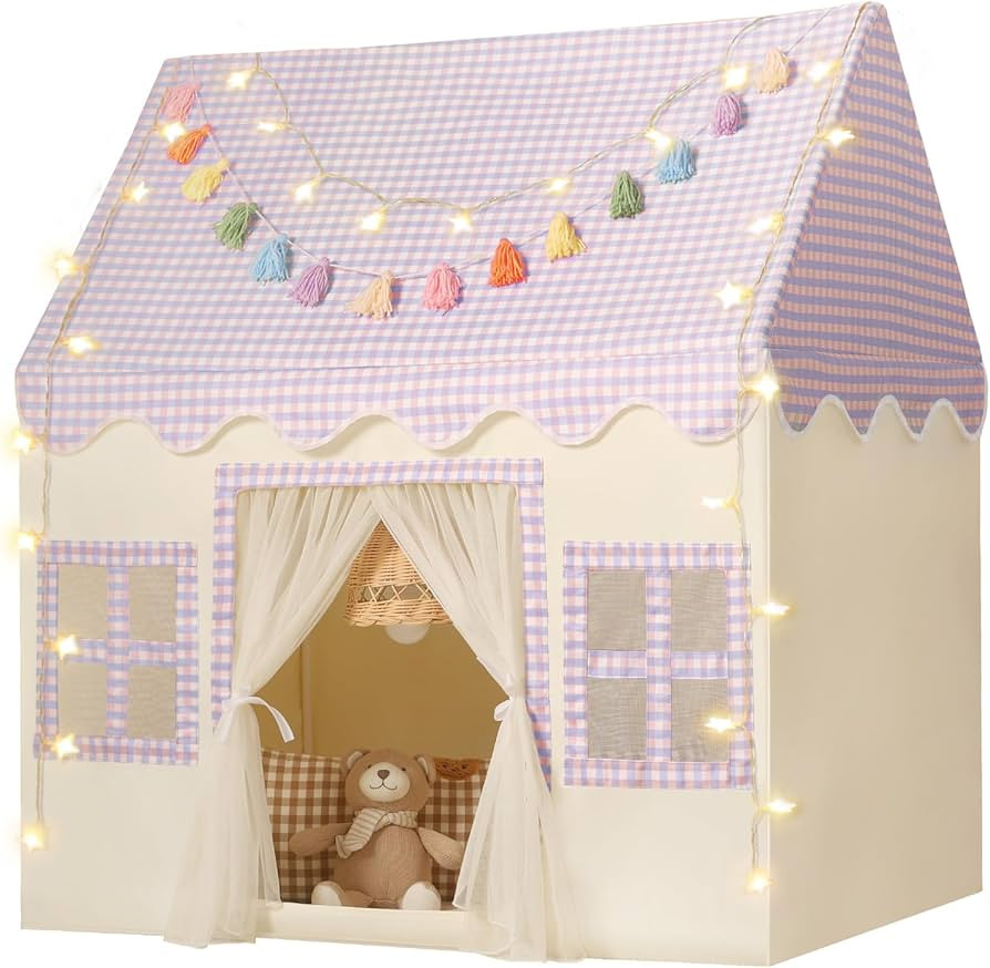 Kids Play Tent Indoor: Mat, Tassel Garland, Star Lights - Purple Checkered Girls Tent Playhouse f... | Amazon (US)