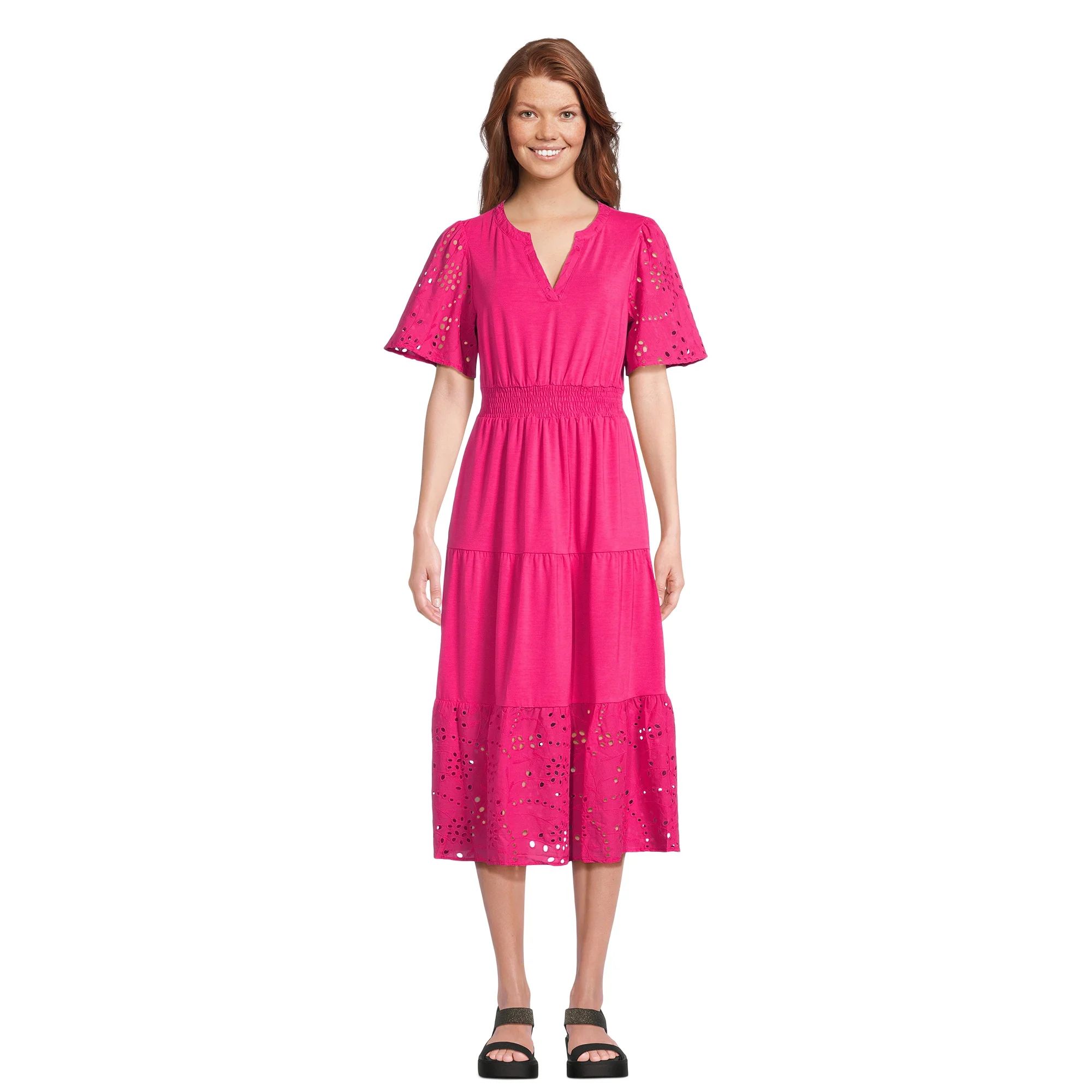 The Pioneer Woman Eyelet Smocked Waist Ruffle Dress with Short Sleeves, Women's, Sizes XS-XXXL - ... | Walmart (US)