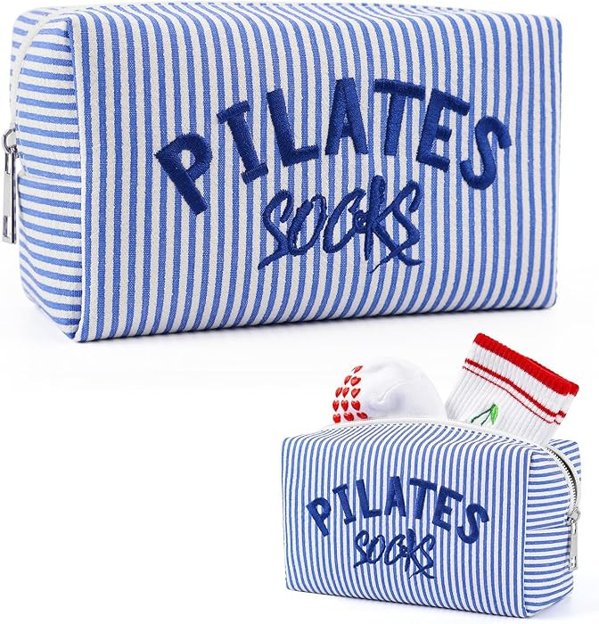Pilates Grip Socks Bag - Embroidered Seersucker Pouch for Women - Cute Makeup Cosmetic Organizer ... | Amazon (US)