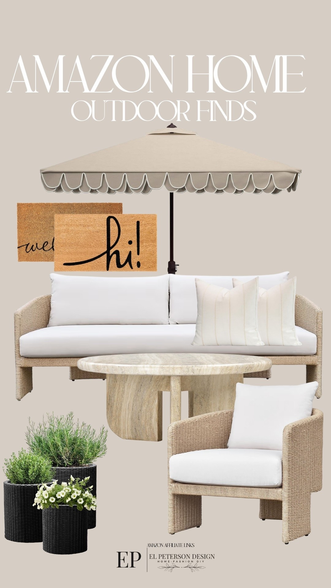 Amazon 
Umbrella
Outdoor mat
Loveseat
Accent chair
Coffee table 
Planter

#LTKHome