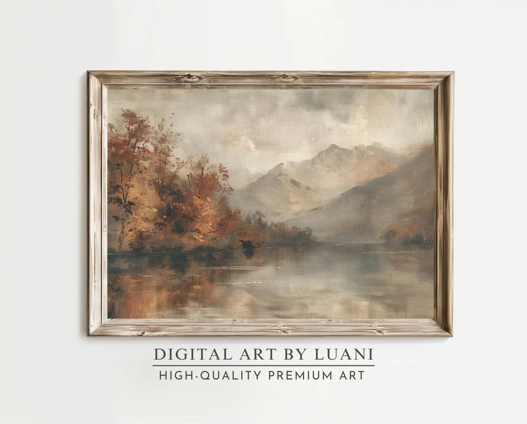 Vintage Fall Lake Landscape Art Print: Rustic Autumn Oil Painting (digital Download) - Etsy | Etsy (US)